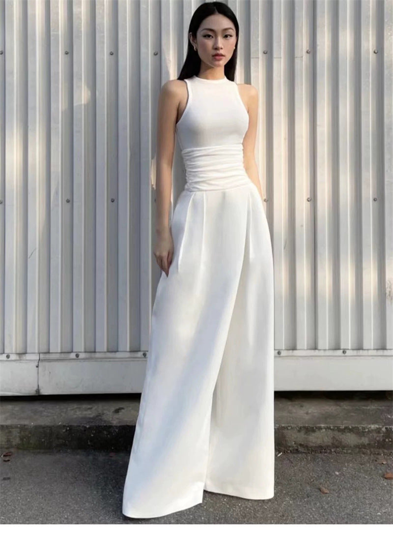 Flowering Girl Women Vest High Waist Wide Leg Long Skirt Suit In White