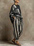 Flowering Girl Women Casual Color-Block Printed Long-Sleeve Top And Pants Set