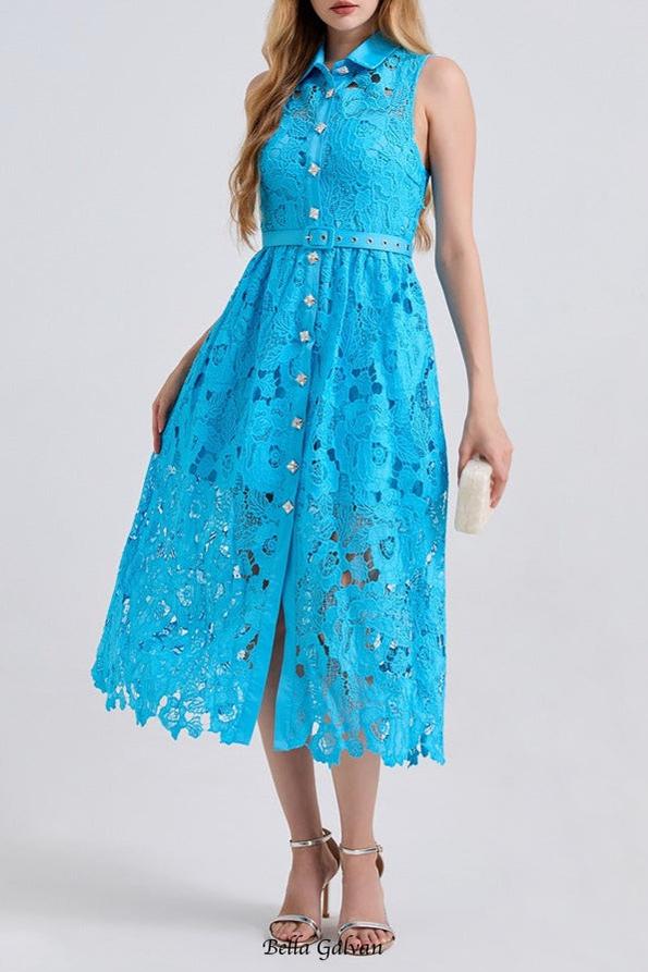 Collar Sleeveless High Waist Slim Dress In Blue