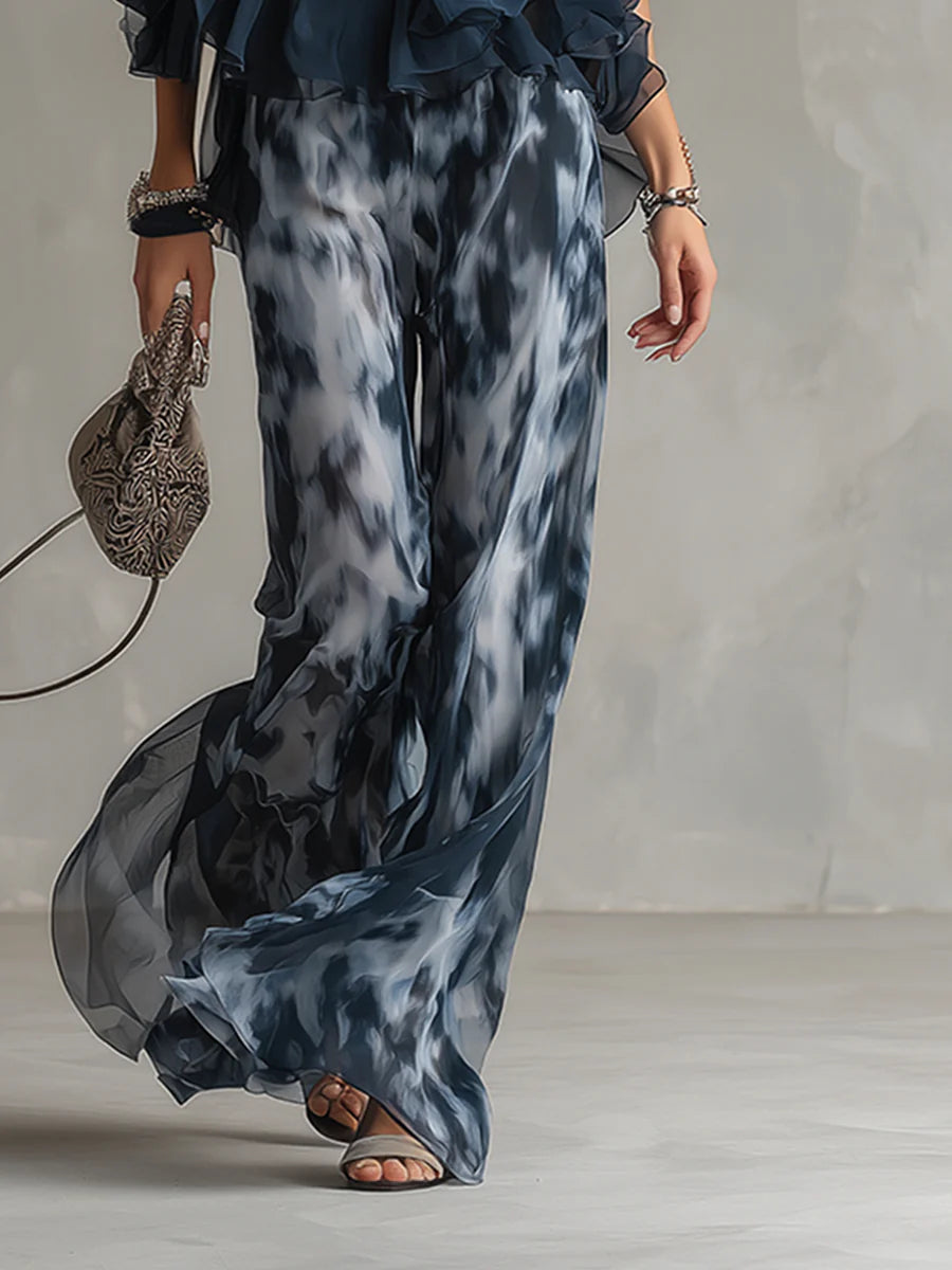 Flowering Girl Women Navy Halter Neck Top And Printed Wide-leg Pants Chiffon Set