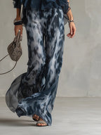 Flowering Girl Women Navy Halter Neck Top And Printed Wide-leg Pants Chiffon Set