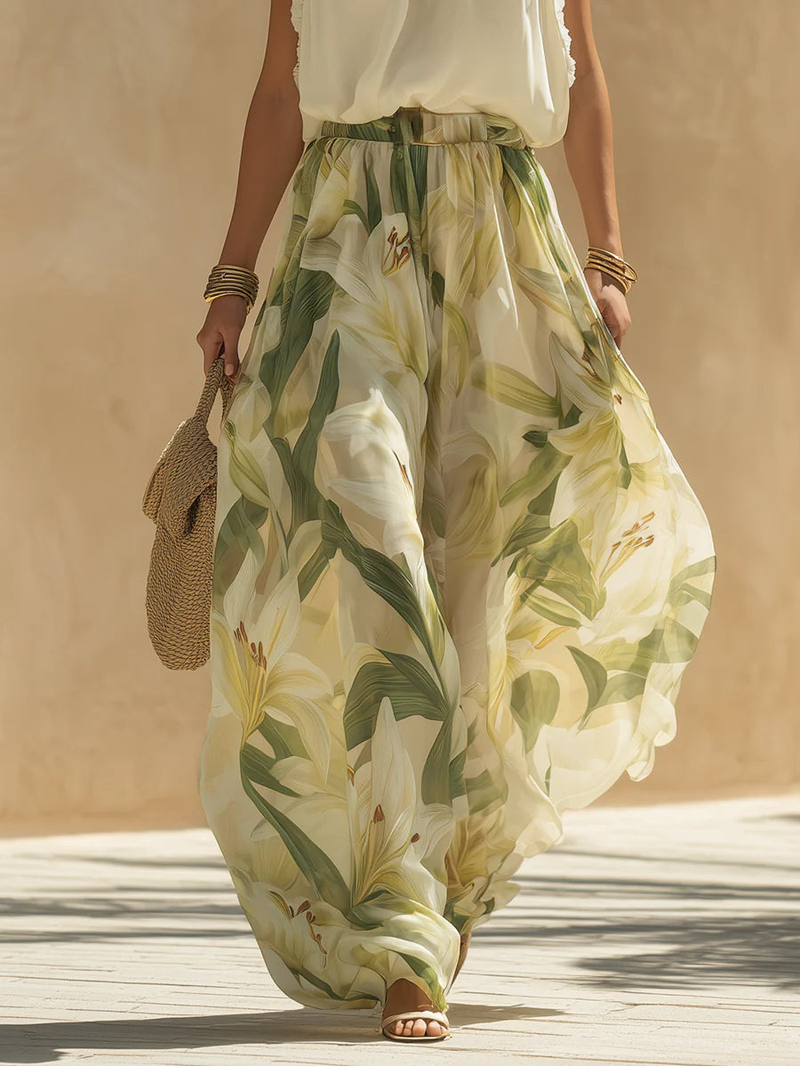 Flowering Girl Women Vacation Chiffon Ruffled Sleeveless Top And Lily Print Pants Set