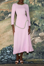 Flowering Girl Women damla Rhinestone embellished Long Sleeve Midi Dress - pink