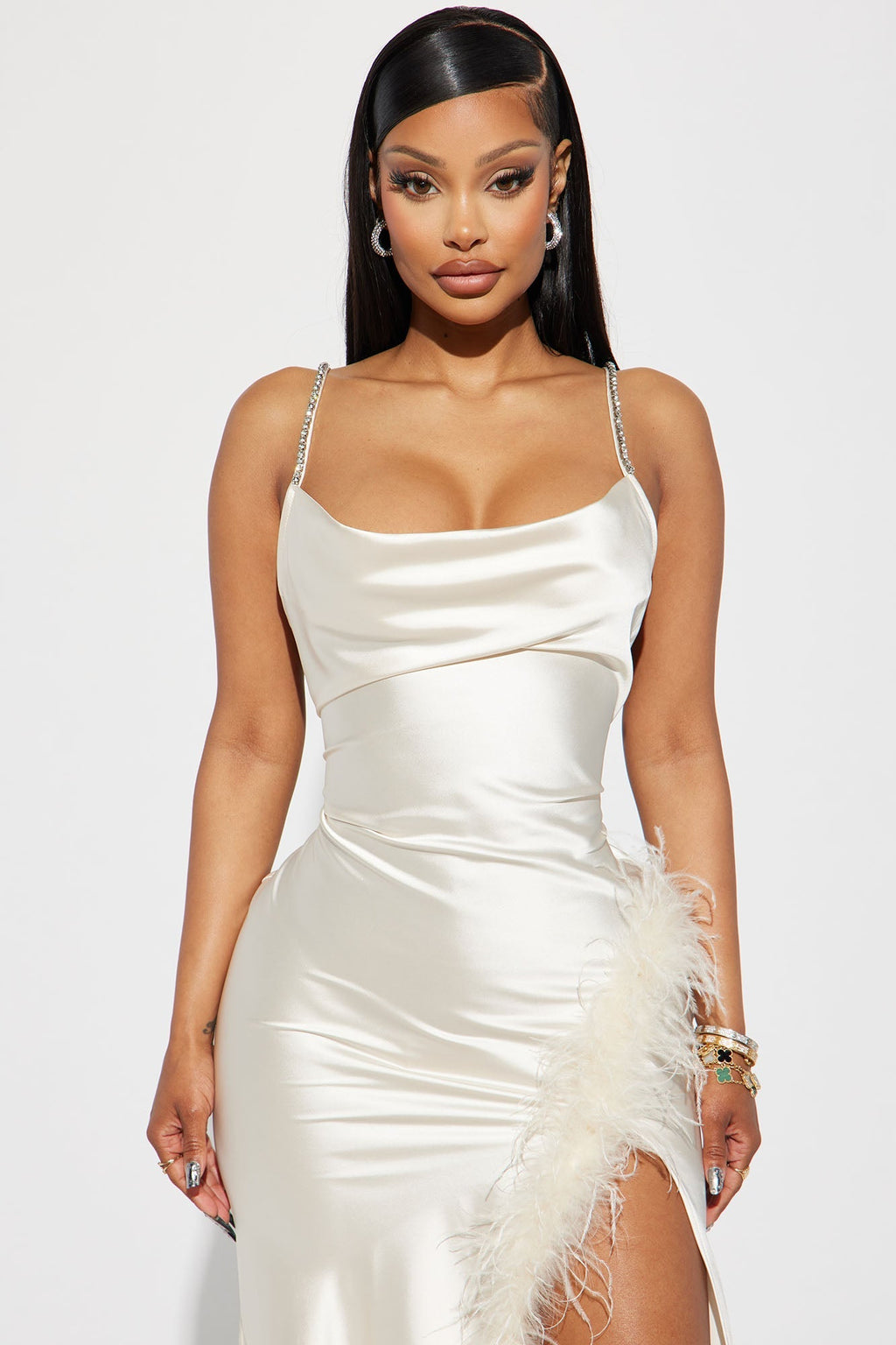 Flowering Girl Women Isabella Feather Trim Satin Gown - Cream