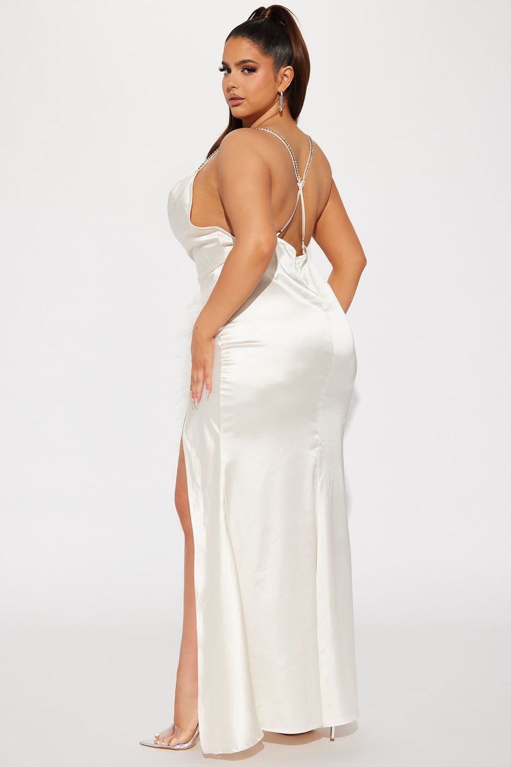 Flowering Girl Women Isabella Feather Trim Satin Gown - Cream