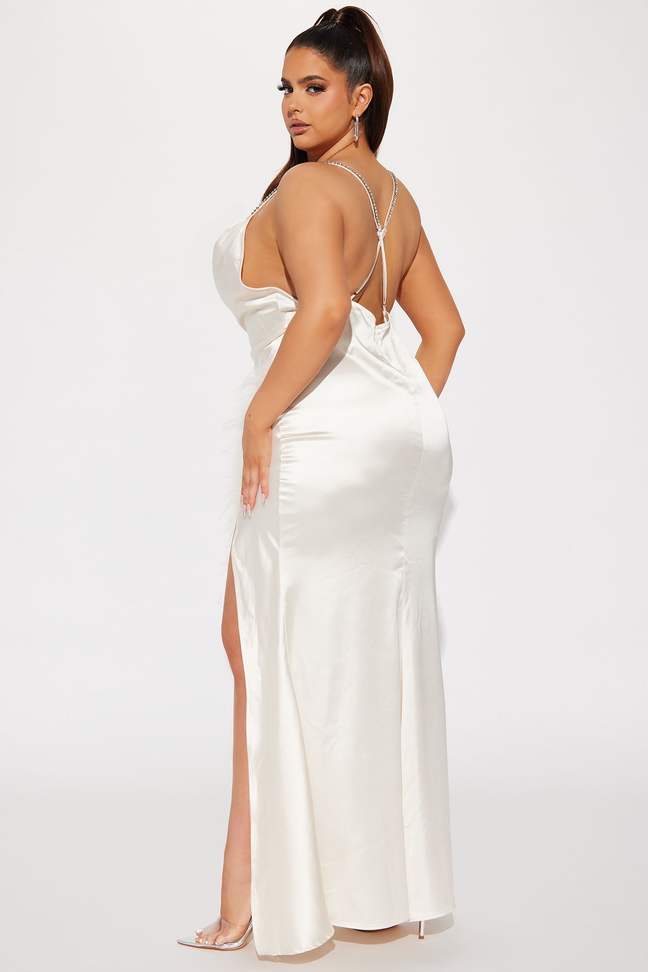 Flowering Girl Women Isabella Feather Trim Satin Gown - Cream