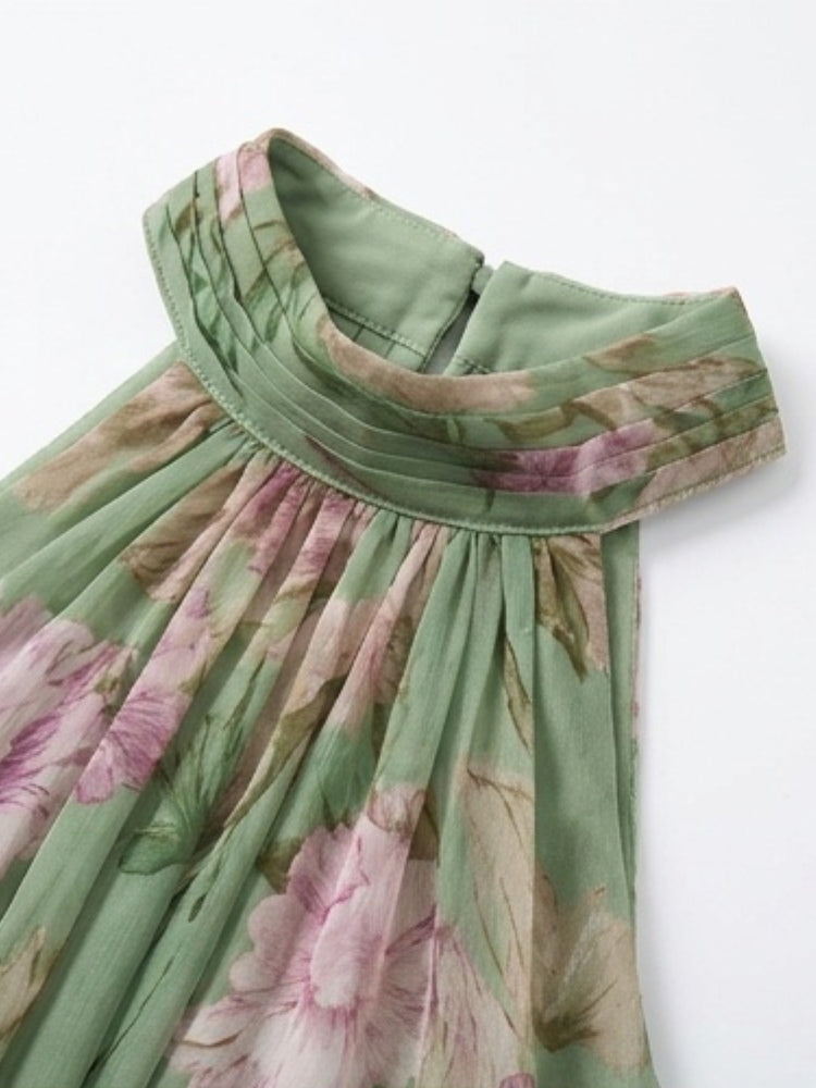 Flowering Girl Women Green Floral Chiffon Halter Maxi Dress