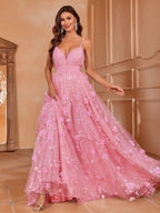 Flowering Girl Women Elegant Plunging Neck Floral Applique Mesh Cami Party Dress