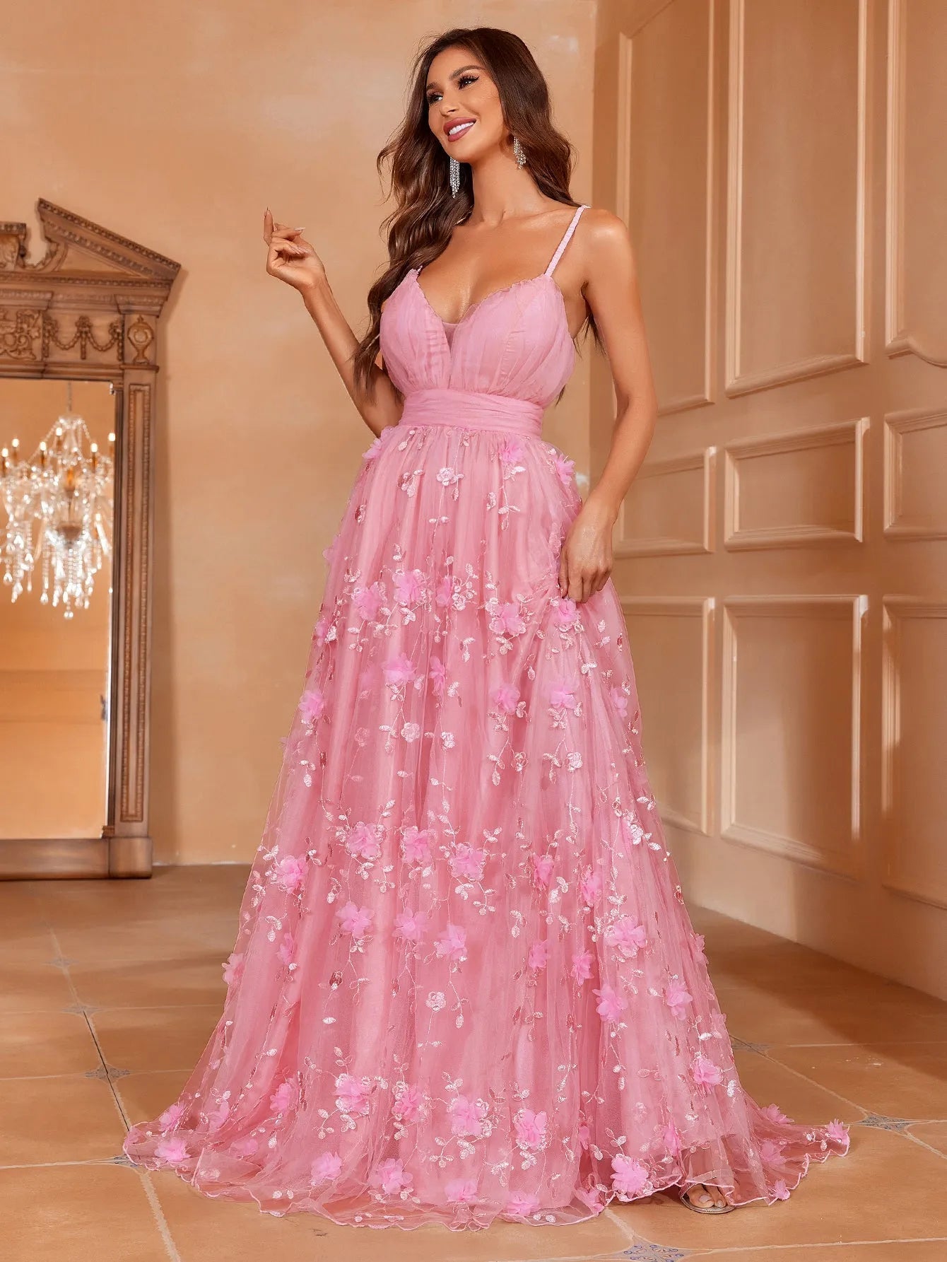 Flowering Girl Women Elegant Plunging Neck Floral Applique Mesh Cami Party Dress