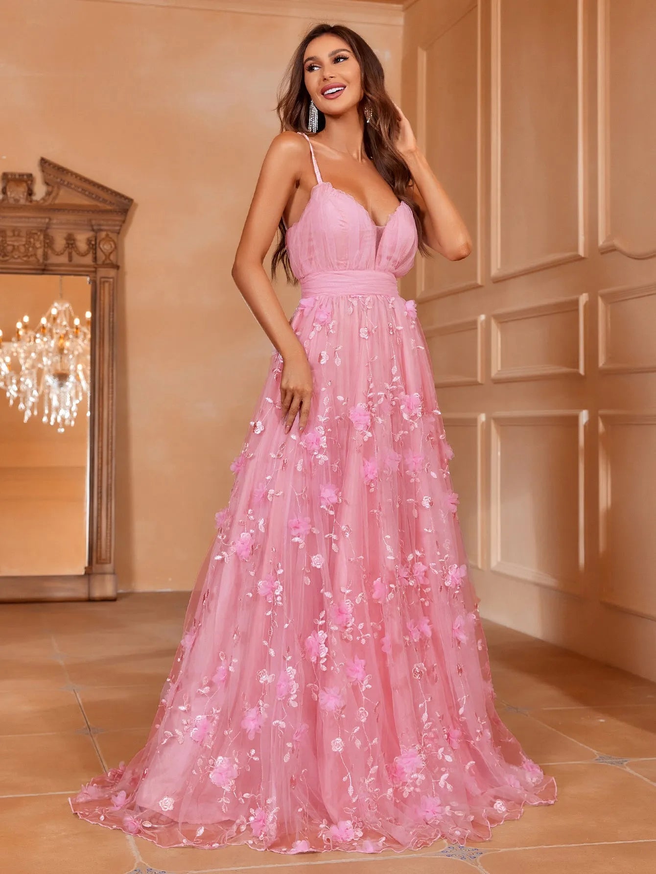 Flowering Girl Women Elegant Plunging Neck Floral Applique Mesh Cami Party Dress
