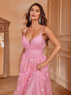 Flowering Girl Women Elegant Plunging Neck Floral Applique Mesh Cami Party Dress
