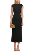 black sleeveless backless knit midi dress with two pleated golden embellishments