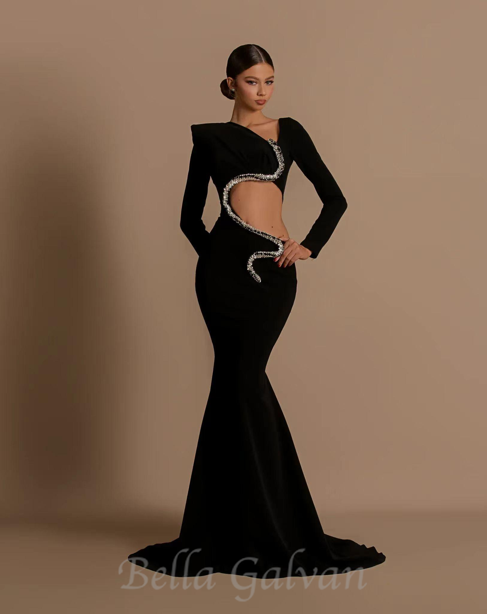 Flowering Girl Women Rhinestone Embellished Floor-Length Dress in black