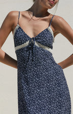 v-neckline Floral Lace Trim Midi Dress in Navy