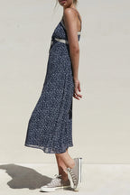 v-neckline Floral Lace Trim Midi Dress in Navy