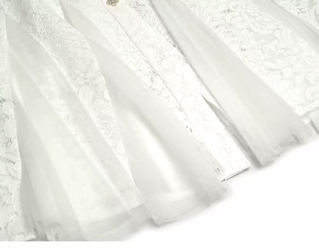 White Lace V-Neck Belted Midi Dress With Tulle Panels