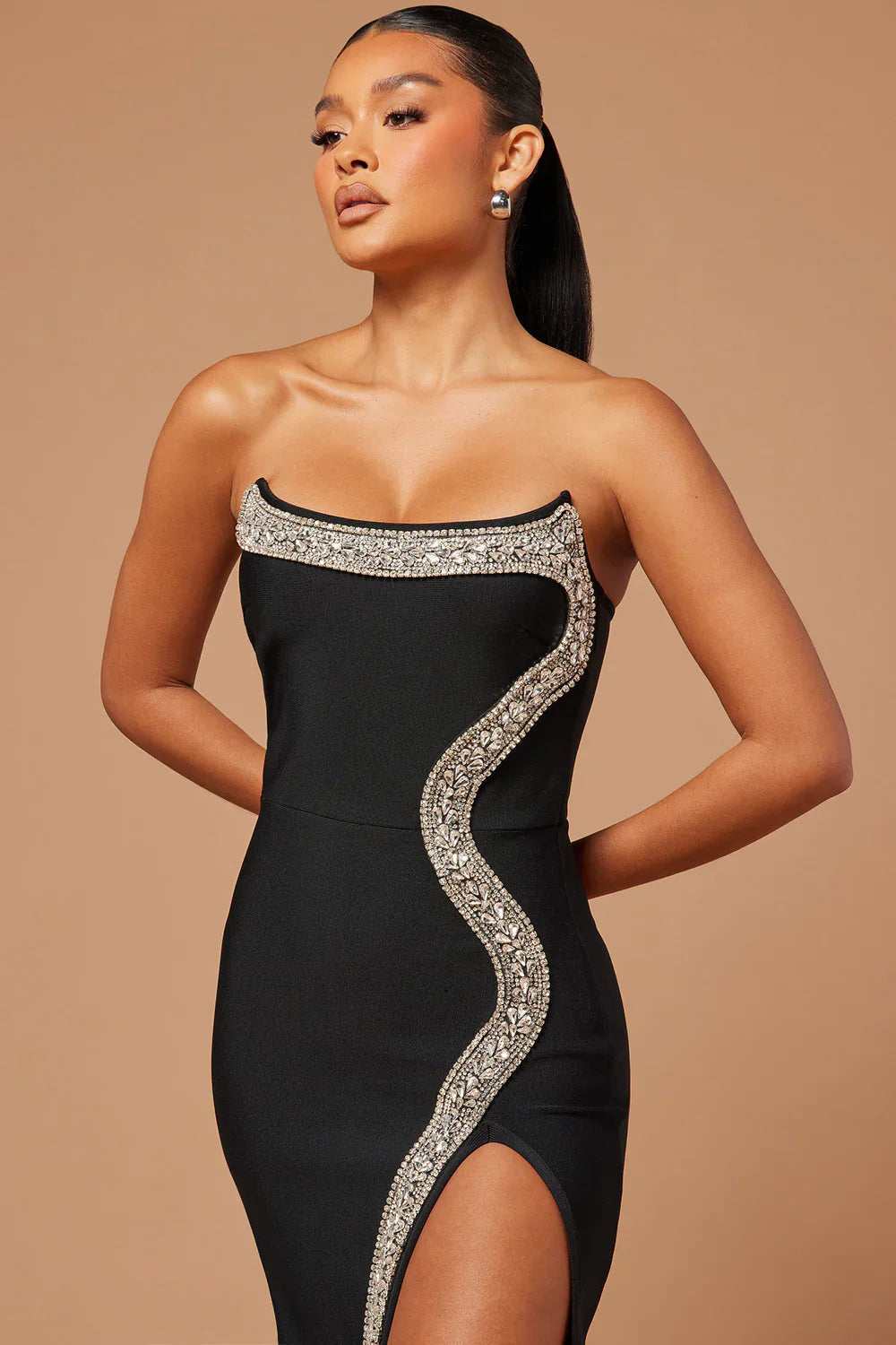 Flowering Girl Women Amber-Embellished Bandage Gown In Black