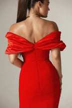 Flowering Girl Women Sophia Off Shoulder Ruched Maxi Slit Dress in red