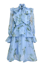janice blue Print Ruffle Lace-Up Mini Dress