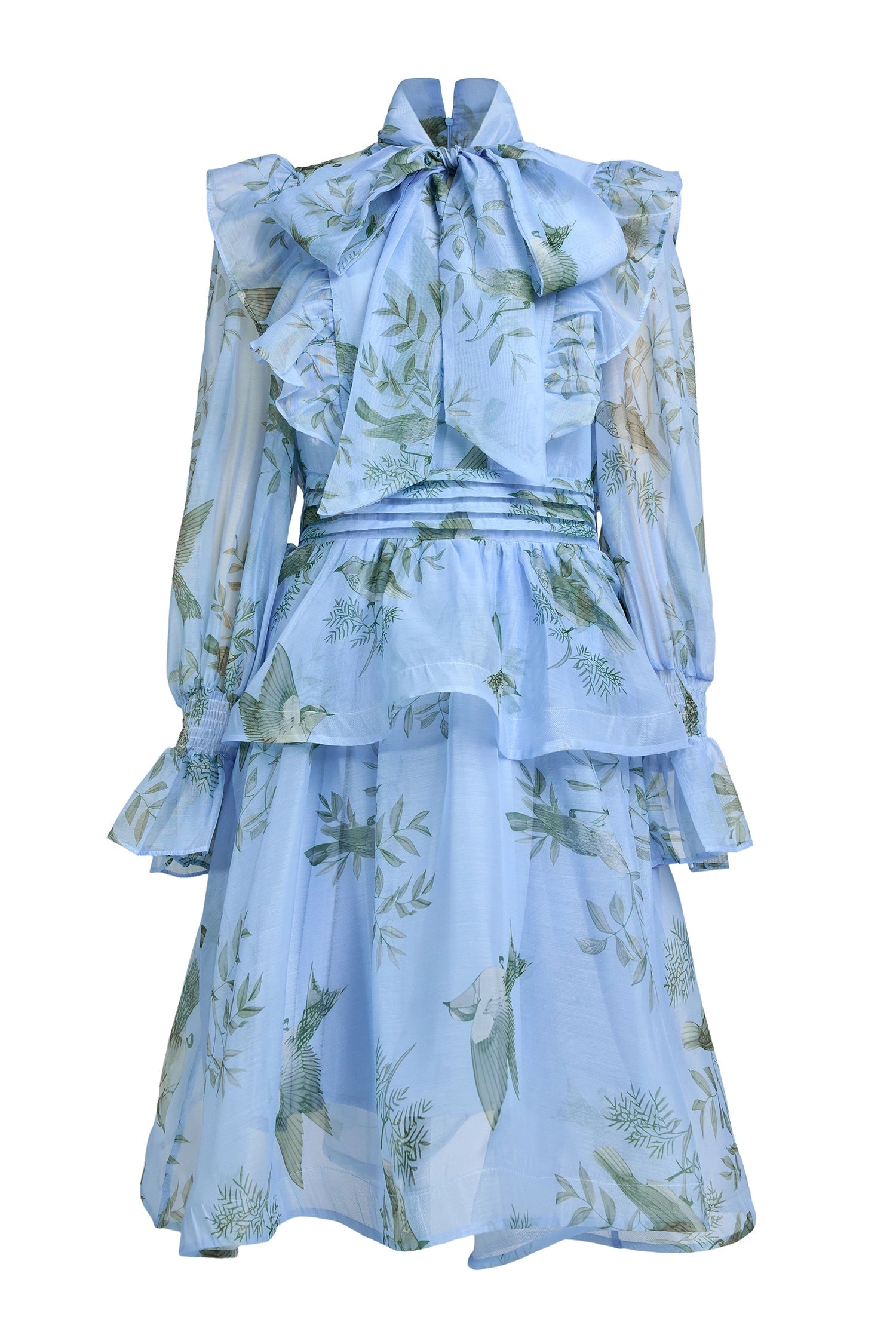 janice blue Print Ruffle Lace-Up Mini Dress