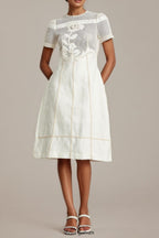 hermosa 3d floral embroidered hollow midi dress in apricot