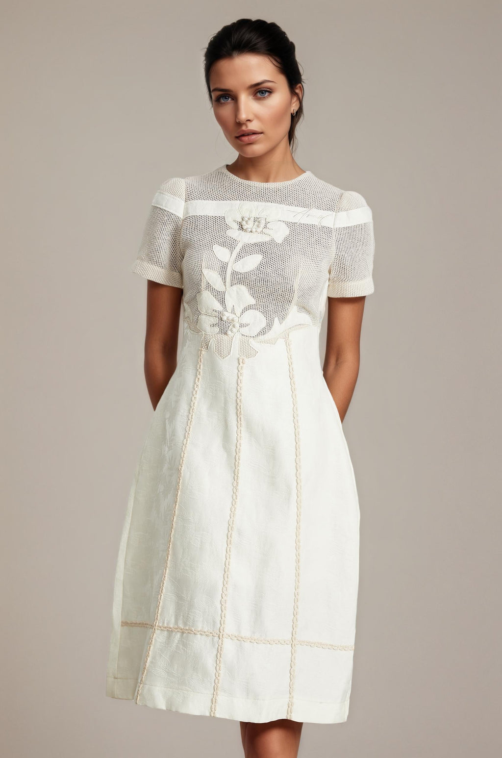 hermosa 3d floral embroidered hollow midi dress in apricot