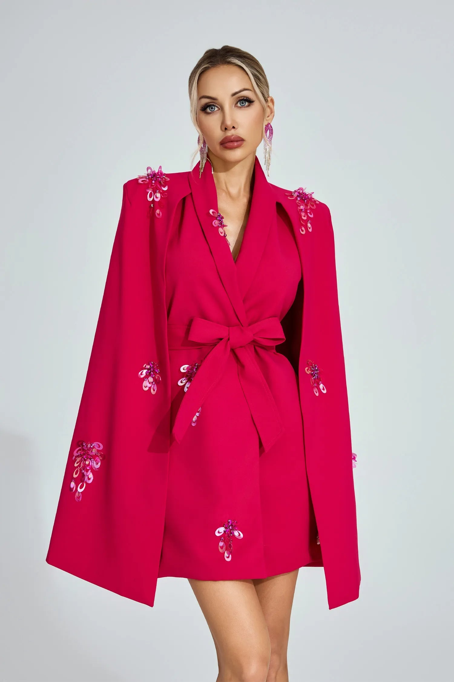 Katherine Rose Red Cape-Sleeve Blazer Mini Dress