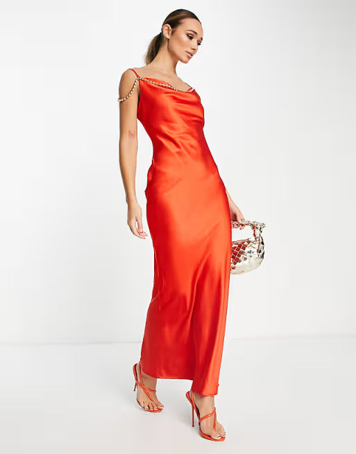 Flowering Girl Women embellished satin cami maxi dress in burnt orange