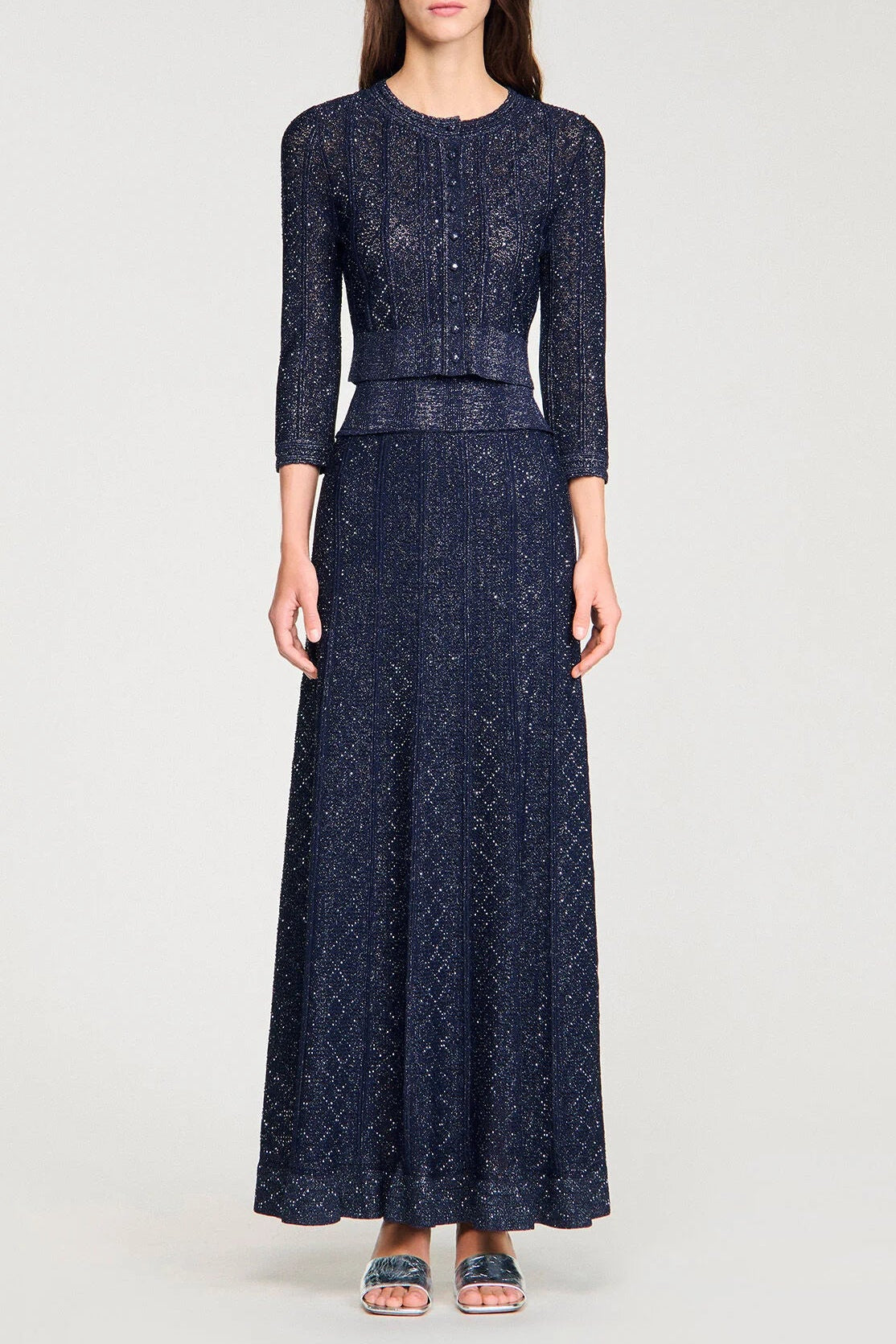 Alexandra Strass Knit Cropped Cardigan In Navy Blue