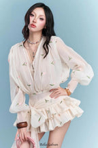 amelia Embroidered floral V-neck ruffle mini dress in apricot