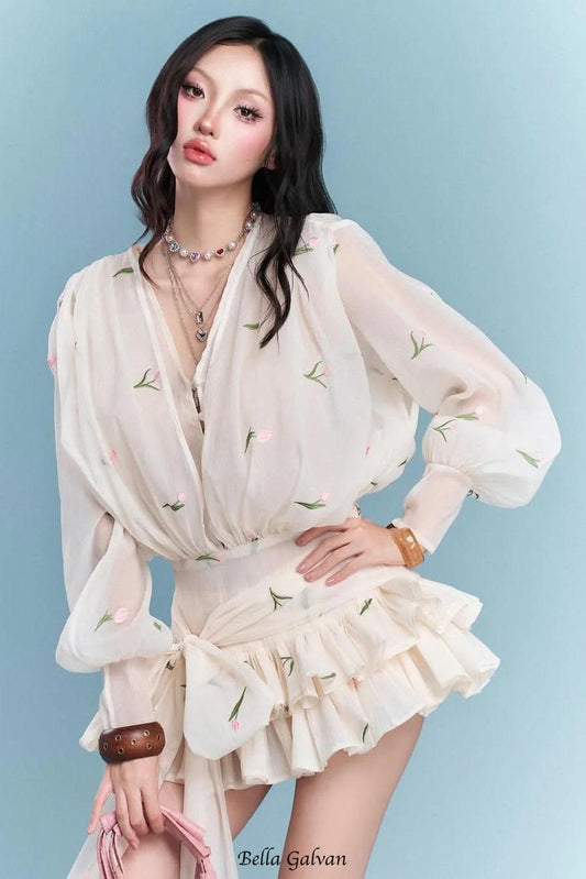amelia Embroidered floral V-neck ruffle mini dress in apricot