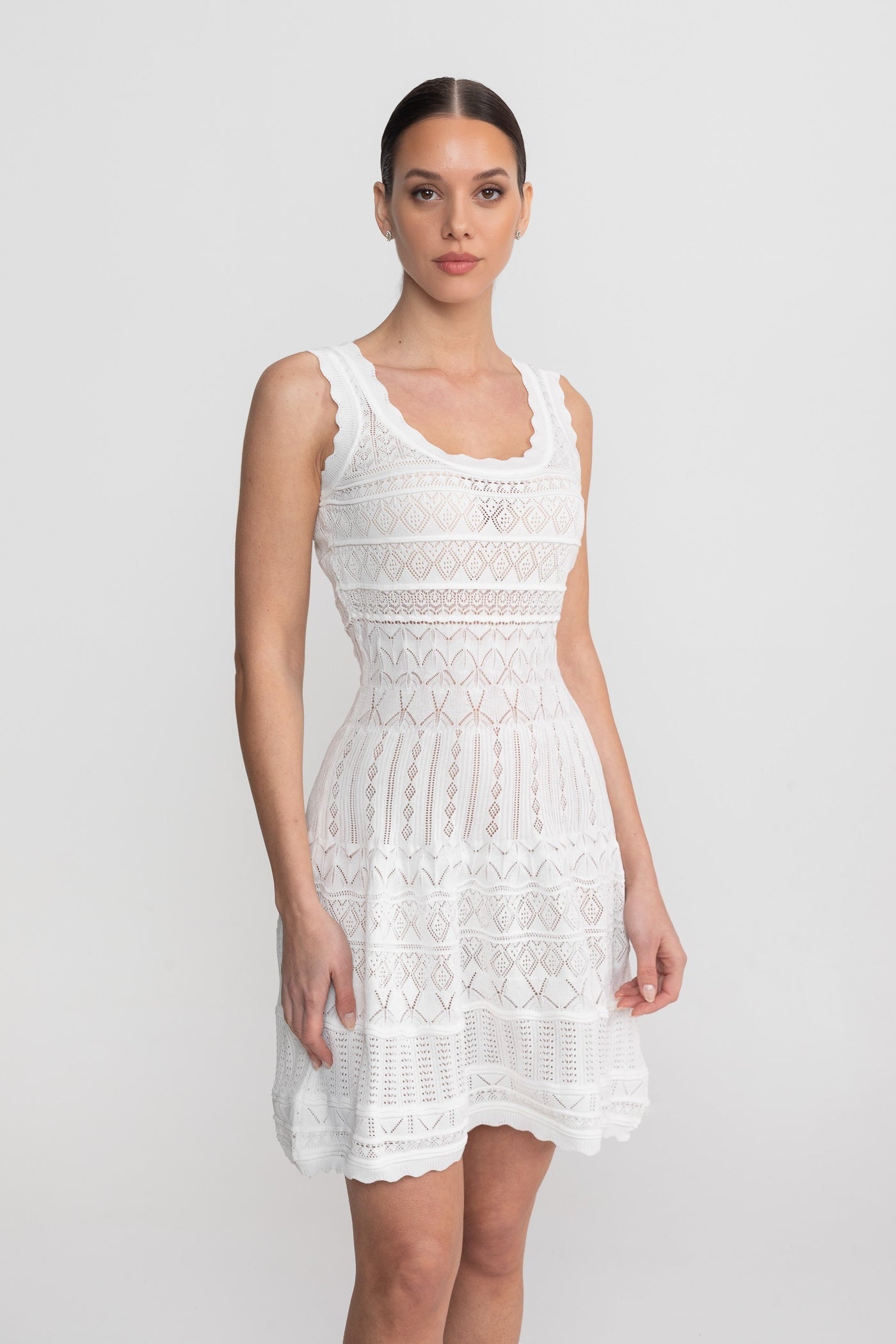 Flowering Girl Women Sleeveless Mini Dress With Scalloped Lace Trim - White