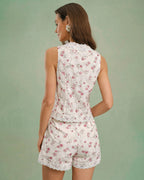Hollow floral print ves & shorts two-piece set