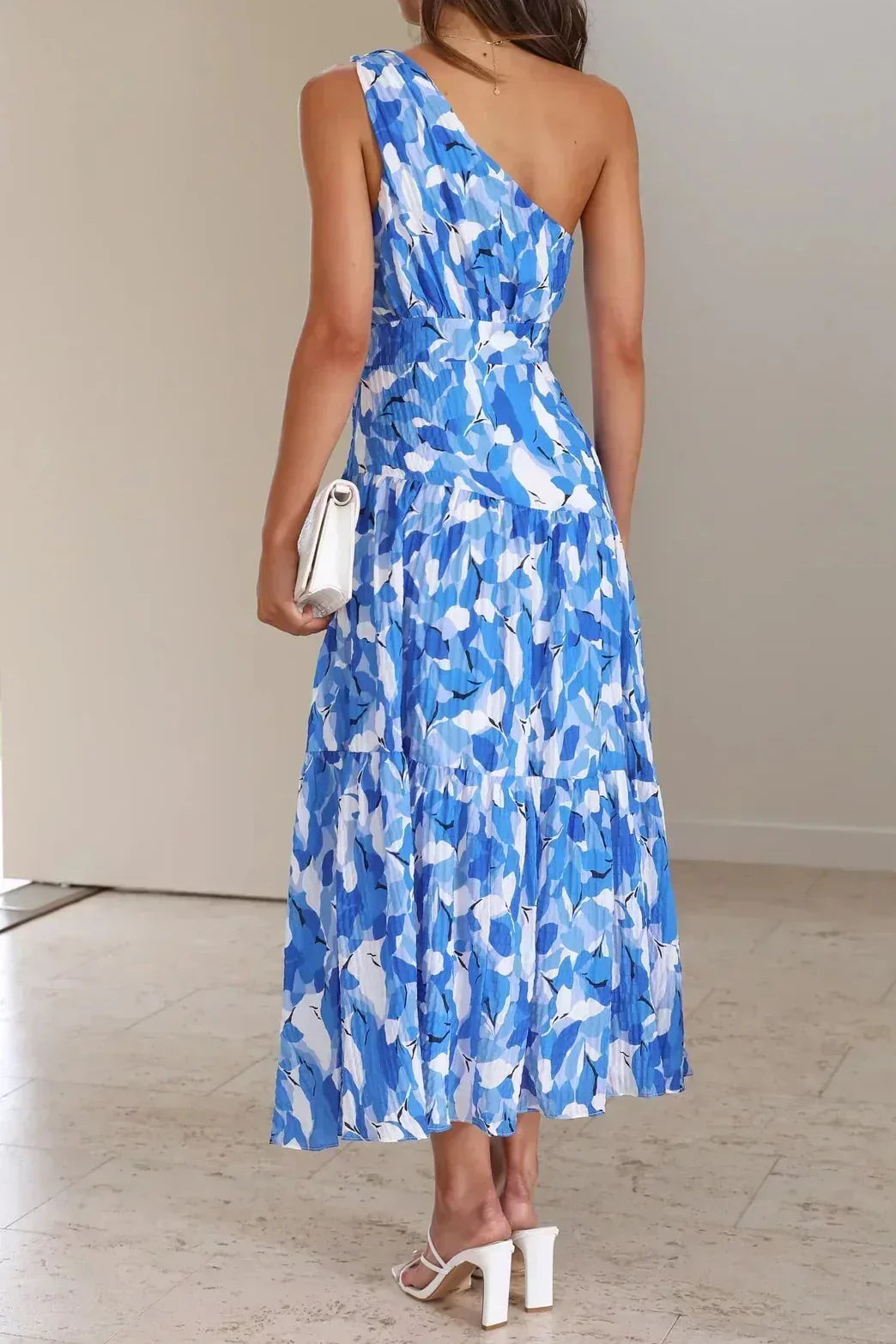vivien one-shoulder Floral printed midi dress - blue
