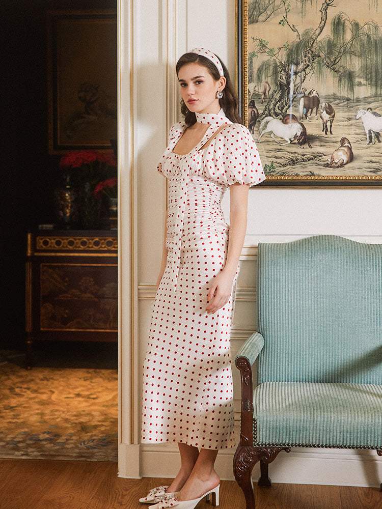 Flowering Girl Women Red Polka Dot Bubble Sleeve midi Dress