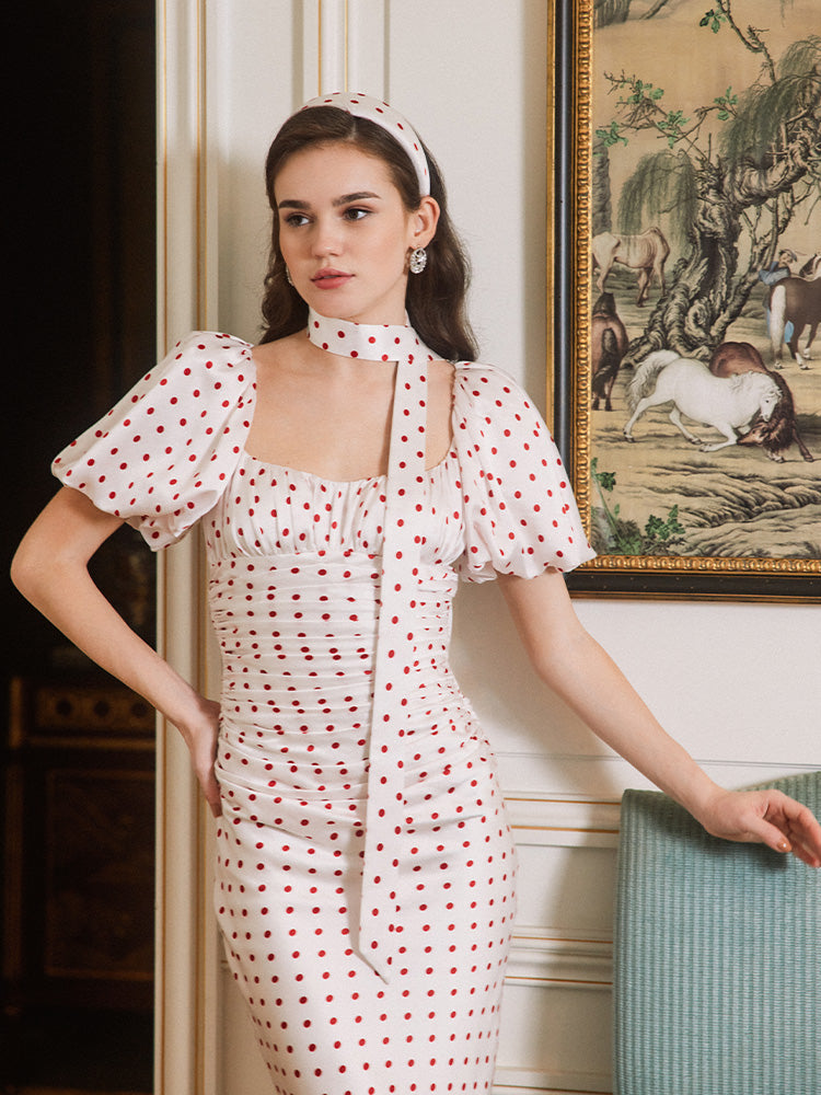 Flowering Girl Women Red Polka Dot Bubble Sleeve midi Dress