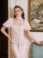 Flowering Girl Women Red Polka Dot Bubble Sleeve midi Dress