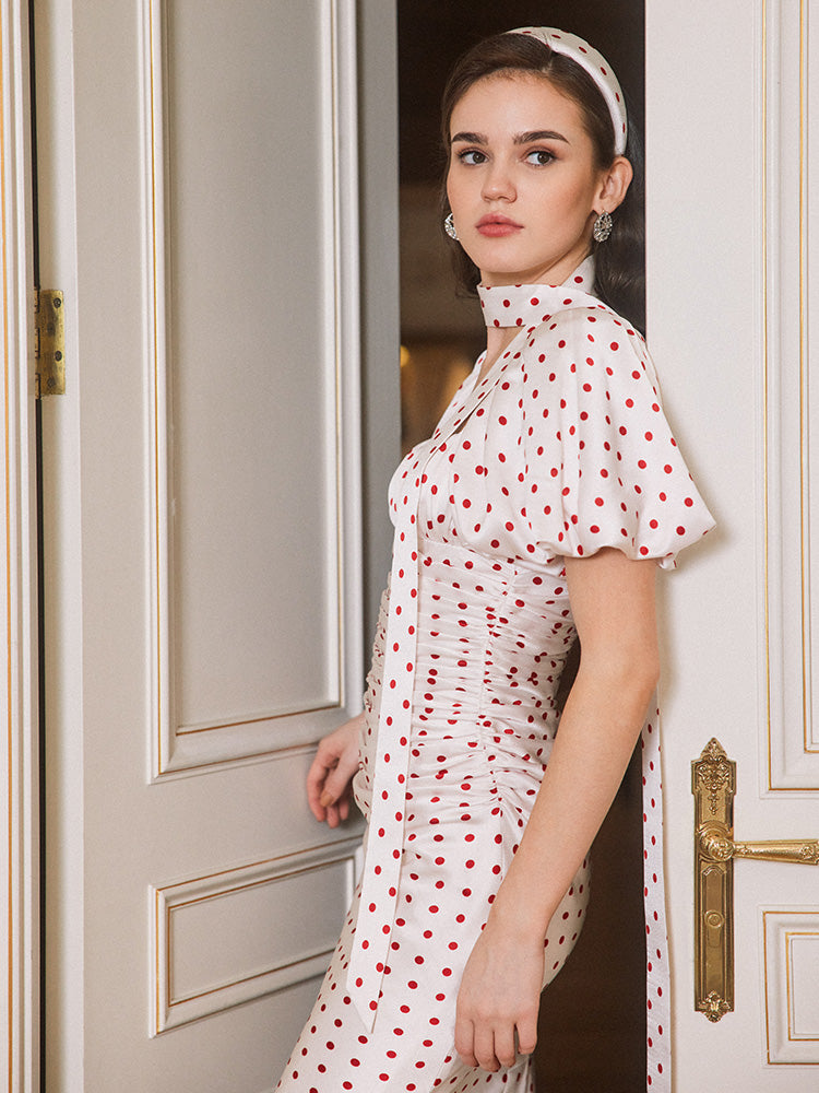 Flowering Girl Women Red Polka Dot Bubble Sleeve midi Dress