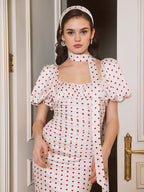 Flowering Girl Women Red Polka Dot Bubble Sleeve midi Dress