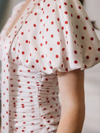 Flowering Girl Women Red Polka Dot Bubble Sleeve midi Dress