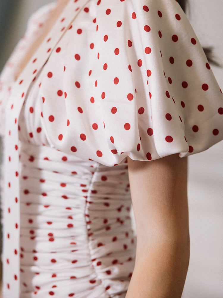 Flowering Girl Women Red Polka Dot Bubble Sleeve midi Dress