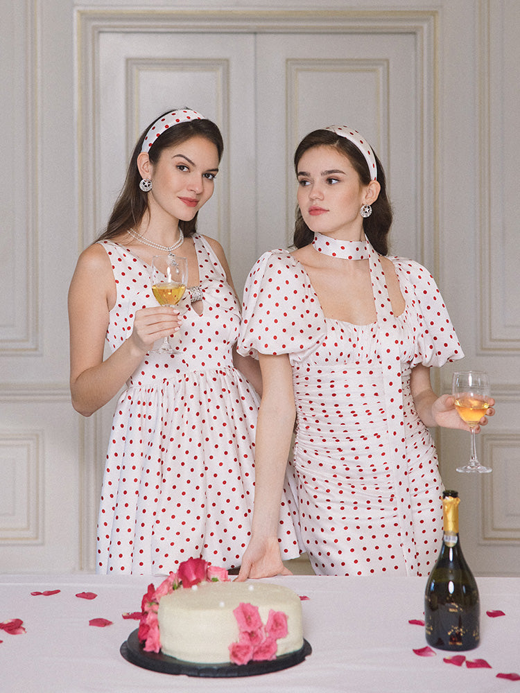 Flowering Girl Women Red Polka Dot Bubble Sleeve midi Dress