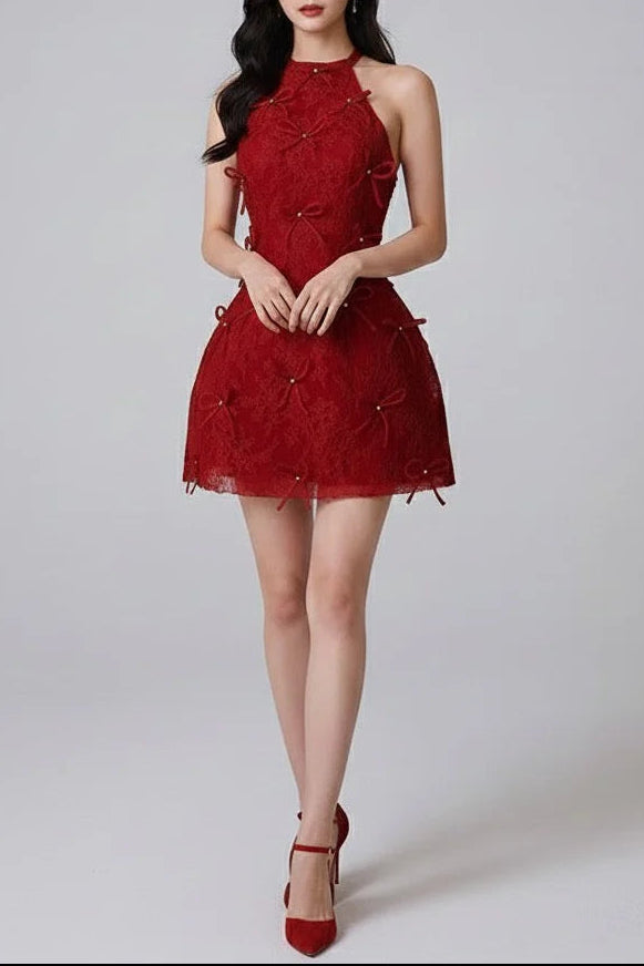 Pandora Lace Bow Backless Halter Mini Dress In Red