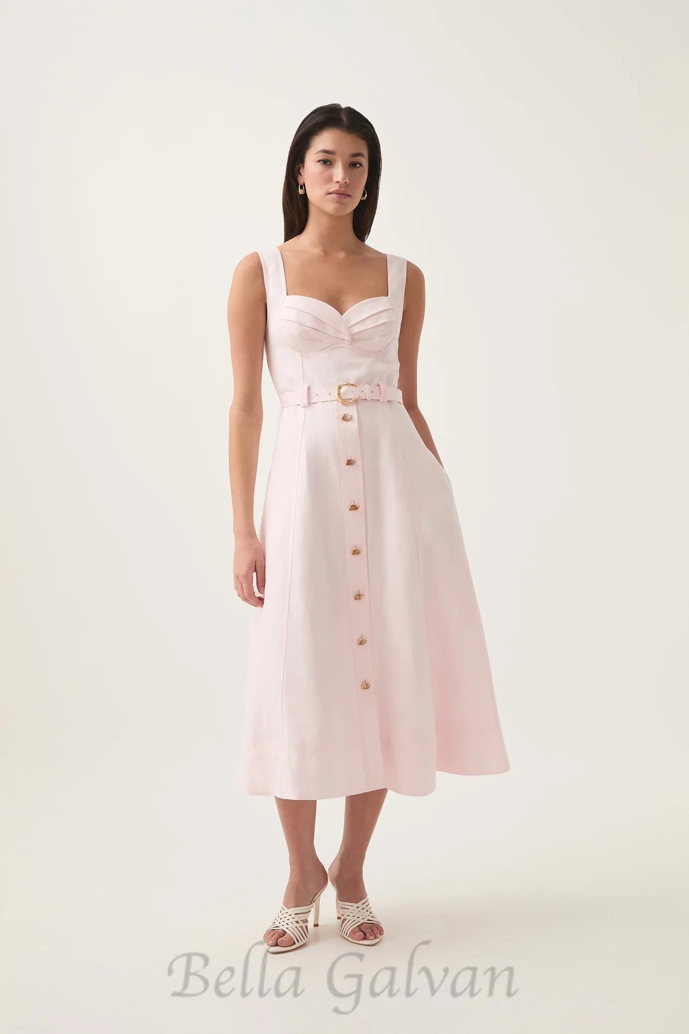 Flowering Girl Women sweetheart neckline belted midi dress in pink