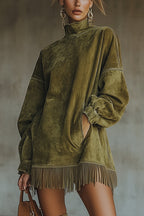 Flowering Girl Women Olive Faux Suede Turtleneck Dress With Fringe Hem