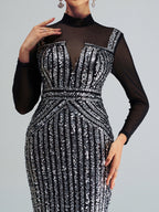 Flowering Girl Women Stand Collar Sequin Panel Long Sleeve Prom Dress