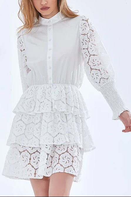 Vanessa Long Sleeves Layered Lace Mini Dress In White