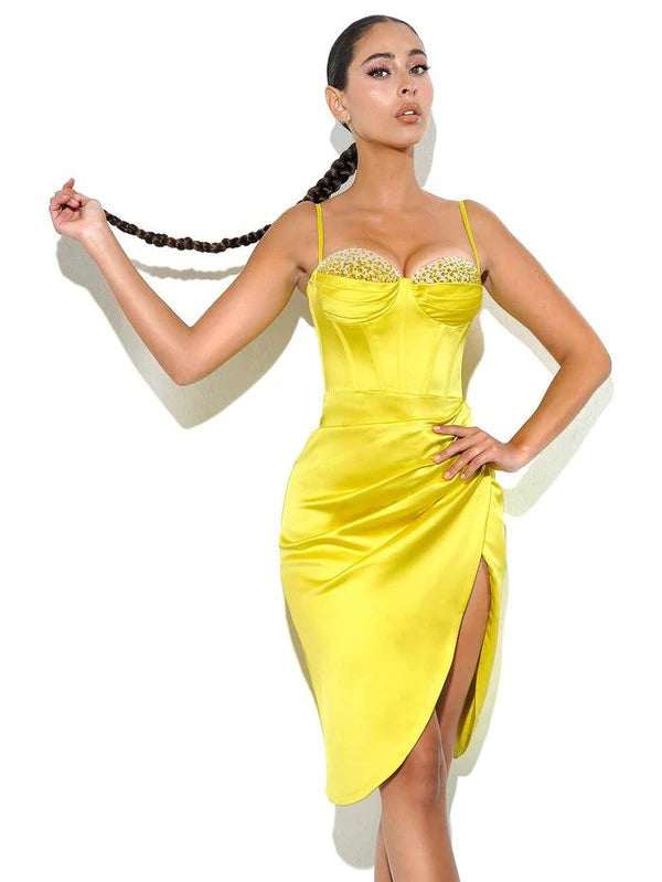 Flowering Girl Women Lemon Yellow Pleated Satin Mini Dress