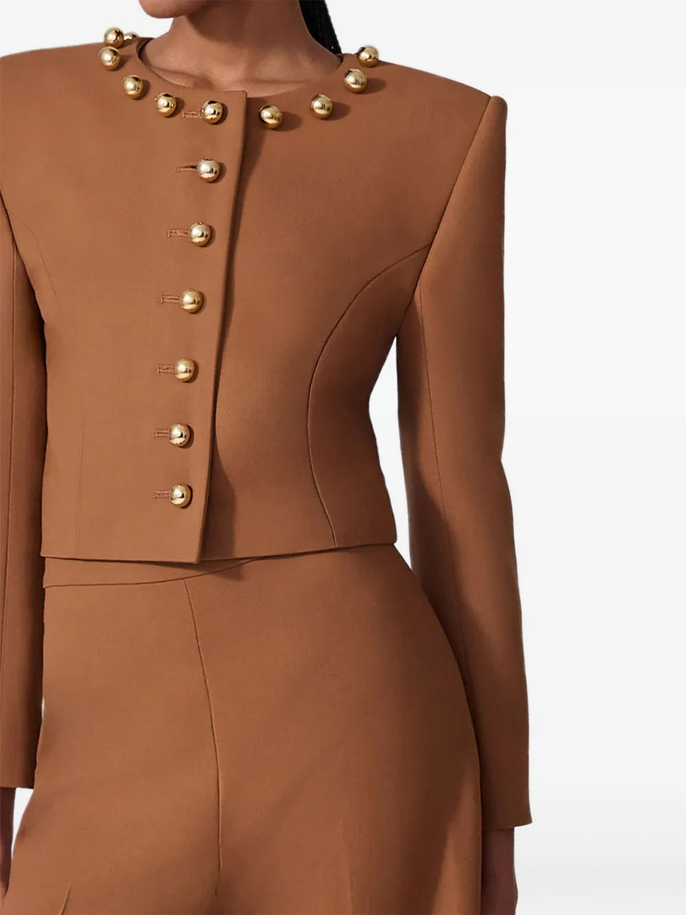 Miranda Pale Brown Button-Decorated Short Jacket Two-Piece Set