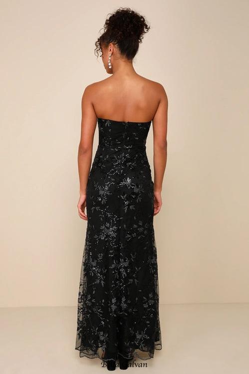 Flowering Girl Women Sequin print Strapless Bustier Maxi Dress in black
